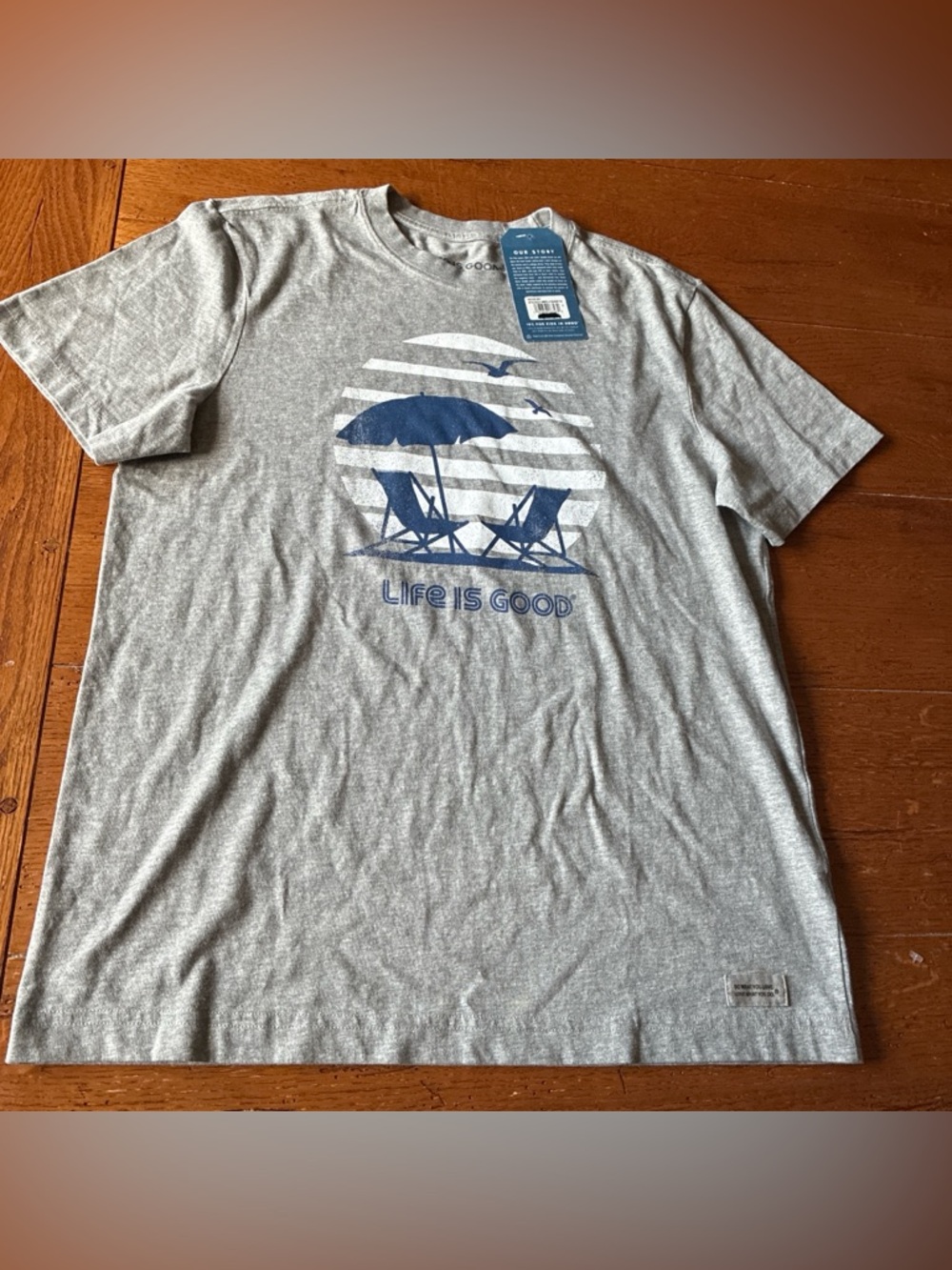 NWT Life Is Good Heather Gray Tee with Blue Wave Graphic